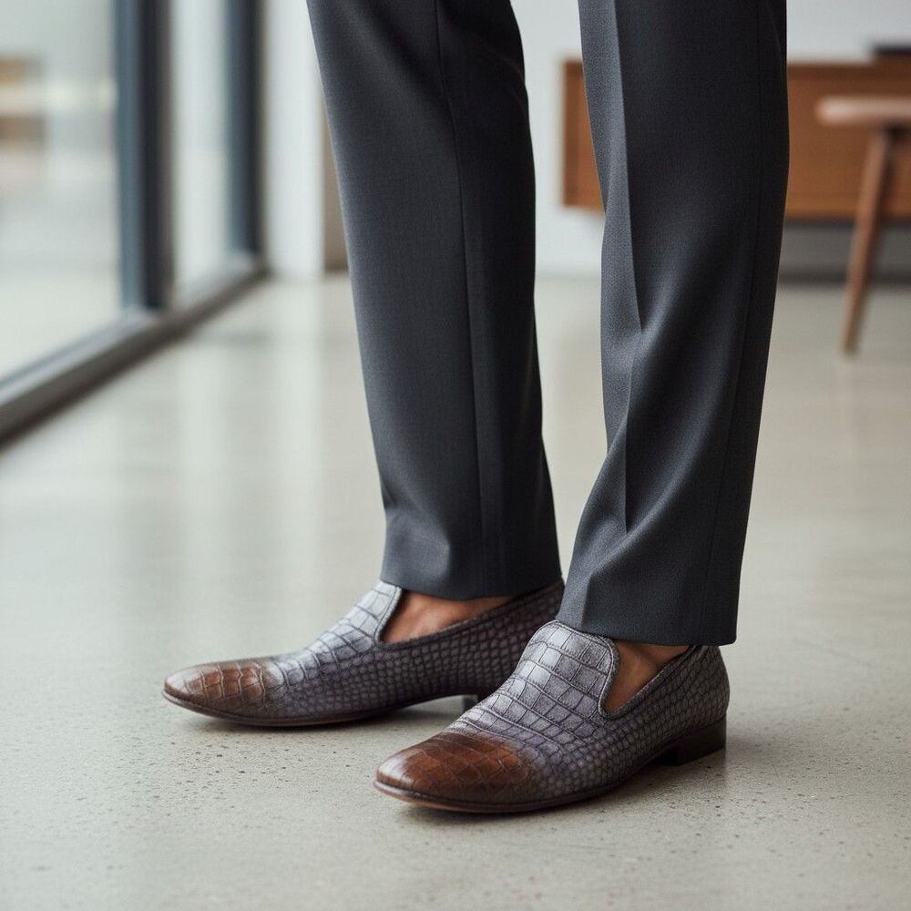 Jo Ghost Mens Shoe Slip on Loafer Grey Brown Croc 45/US 12 Leather Made In Italy